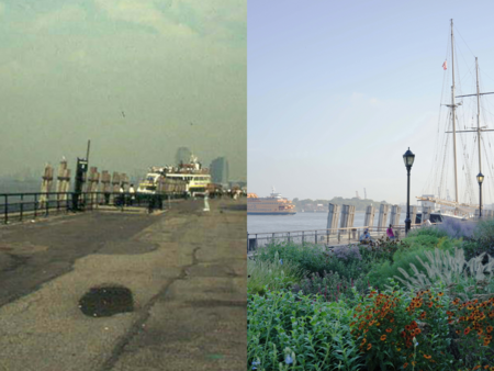 A split photo of the battery: the left is of cracked and barren blacktop; the right shows how the area has been transformed into a beautiful garden with plants and flowers