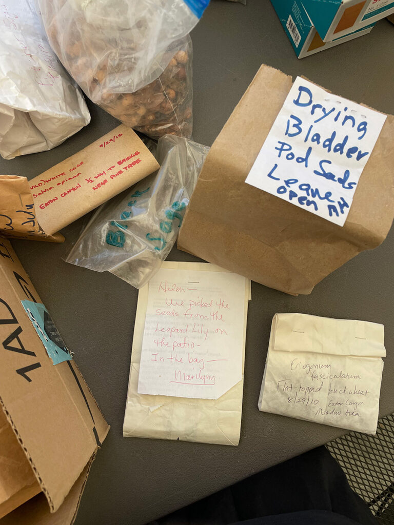 Handwritten notes and seed donations from the community for the Altadena Seed Library
